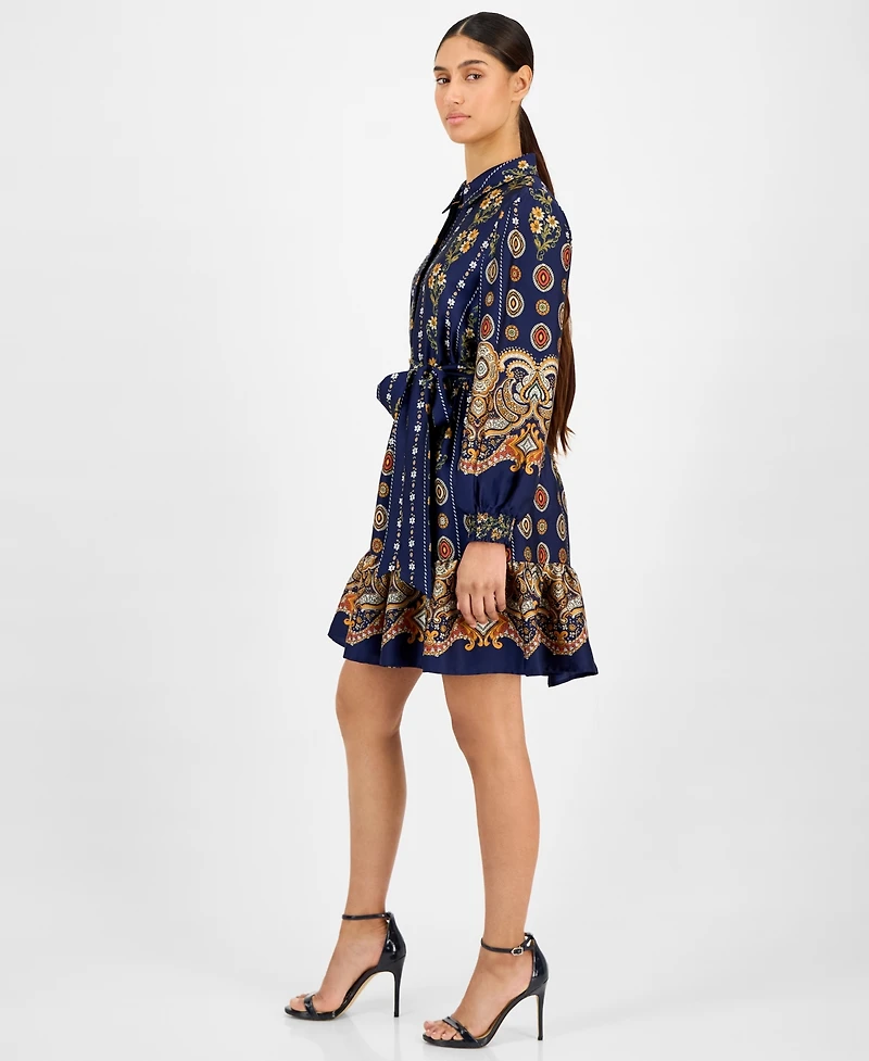 Anne Klein Women's Printed Satin Ruffle-Hem Shirt Dress