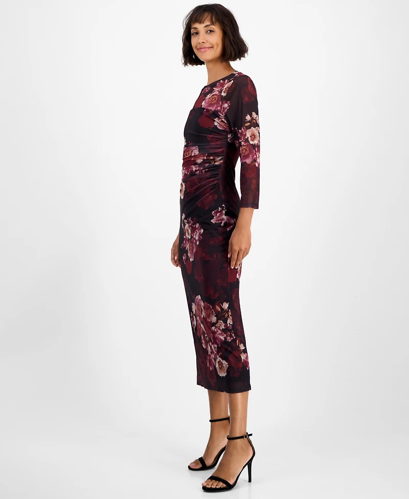 Anne Klein Women's Printed Triple Mesh Side Ruched Midi Dress
