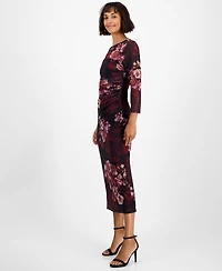 Anne Klein Women's Printed Triple Mesh Side Ruched Midi Dress