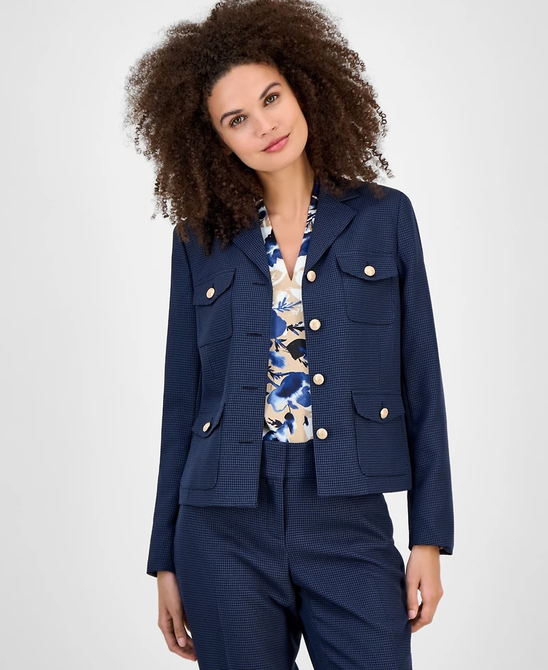 Kasper Mini-Check-Print Button-Front Jacket, Regular & Petite