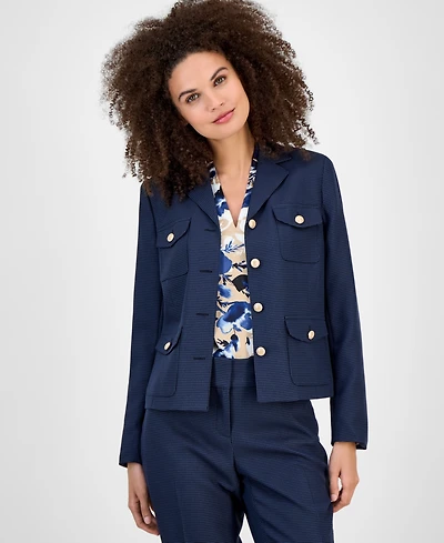Kasper Mini-Check-Print Button-Front Jacket, Regular & Petite