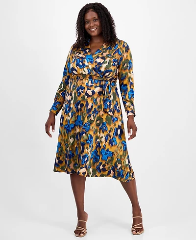 Tahari Asl Plus Printed V-Neck Tie-Waist Midi Dress
