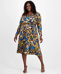 Tahari Asl Plus Printed V-Neck Tie-Waist Midi Dress