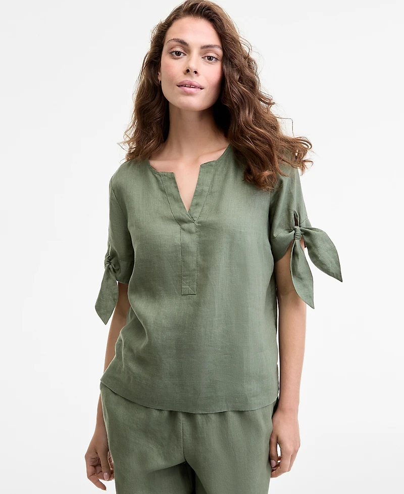 Charter Club Women's 100% Linen Split-Neck Tie-Cuff Top, Created for Macy's