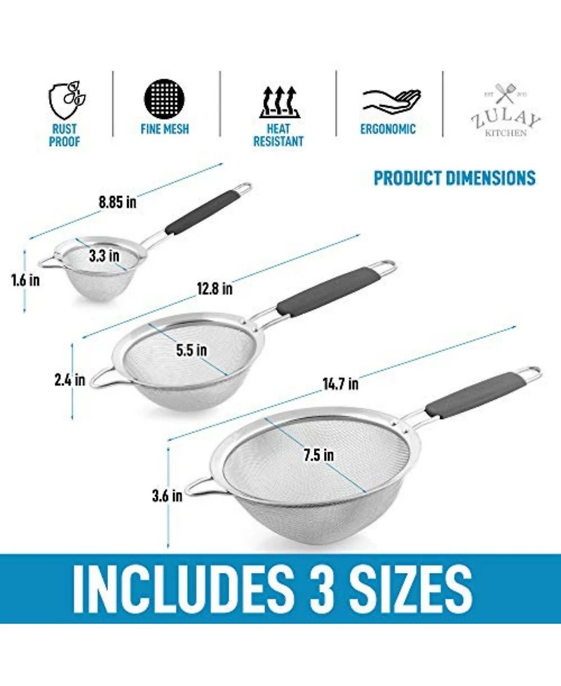 Premium Stainless Steel Fine Mesh Strainer Set - Strainers for Kitchen (Set of 3) with Non-slip Handles
