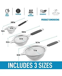 Premium Stainless Steel Fine Mesh Strainer Set - Strainers for Kitchen (Set of 3) with Non-slip Handles