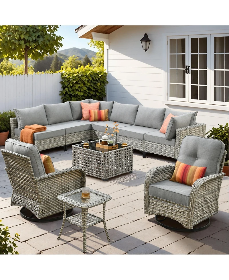 Xizzi 10 Piece Outdoor Patio Furniture with Swivel Chairs,All Weather Wicker Sectional Coversation Set Solar Coffee Table, Single Modular Chairs