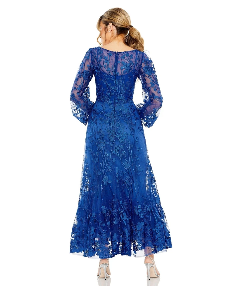 Mac Duggal Women's V Neck Mesh Puff Sleeve A Line Embellished Dress