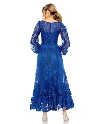 Mac Duggal Women's V Neck Mesh Puff Sleeve A Line Embellished Dress