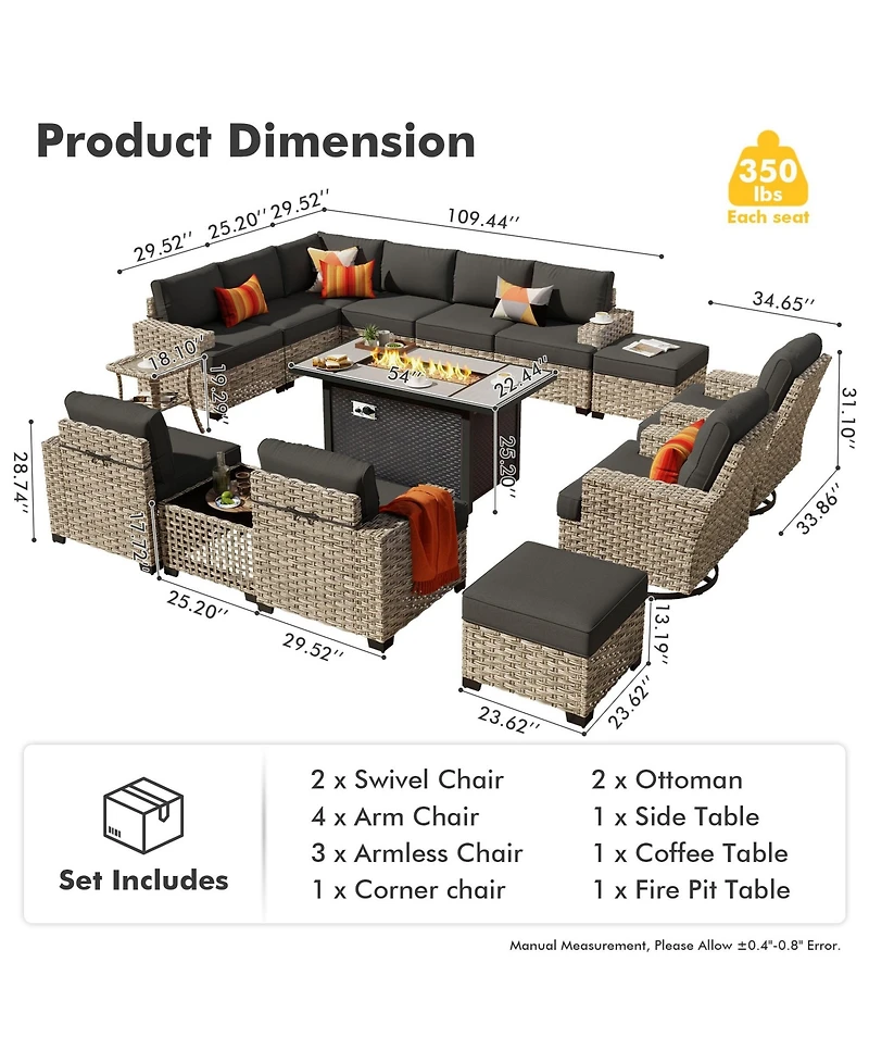 Xizzi15 Piece Outdoor Patio Furniture Sets with Fire Pit Table,Wicker Sectional Sofa Swivel Chairs,Solar Powered Coffee Table and Ottoman