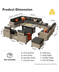 Xizzi15 Piece Outdoor Patio Furniture Sets with Fire Pit Table,Wicker Sectional Sofa Swivel Chairs,Solar Powered Coffee Table and Ottoman