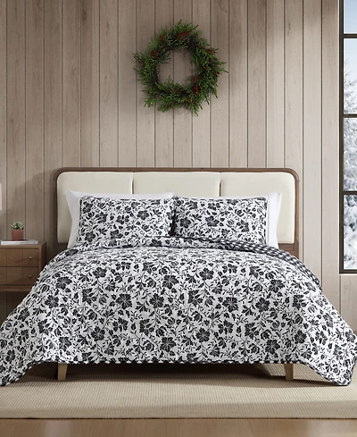 Eddie Bauer Woodblock Floral Flannel Cotton Reversible -Pc. Quilt Set