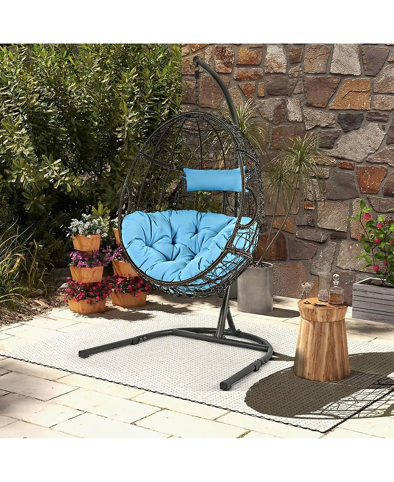 Gymax Hanging Hammock Chair Egg Swing Chair w/ Blue Cushion Pillow Stand
