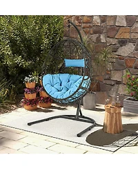Gymax Hanging Hammock Chair Egg Swing Chair w/ Blue Cushion Pillow Stand