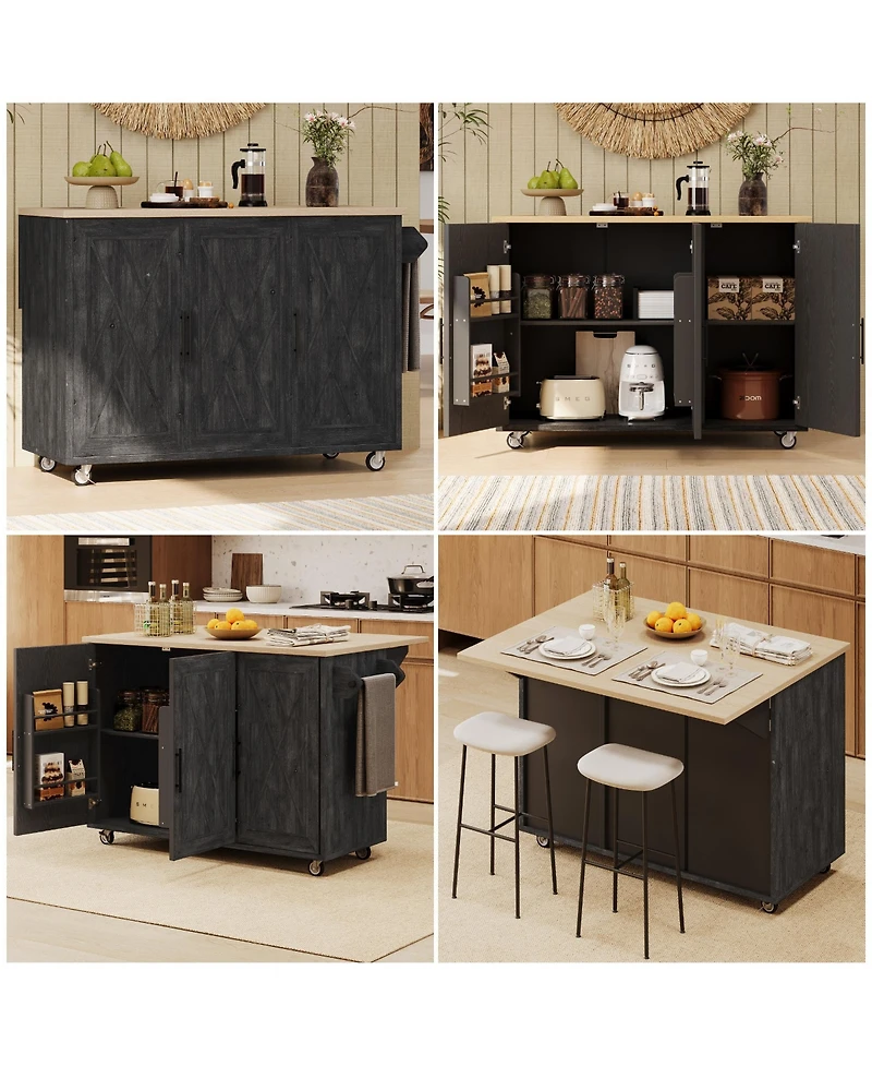 Casainc 51.2" Farmhouse Kitchen Cart with Drop Leaf, Textured Finish, Storage and Towel Rack