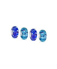 Bling Jewelry Set of 4 Murano Glass Charm Bead Blue Aqua Wave Swirl Spacer Silver Core