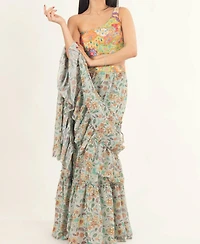 Raas Women's One-Shoulder Floral Ruffle Saree Dress