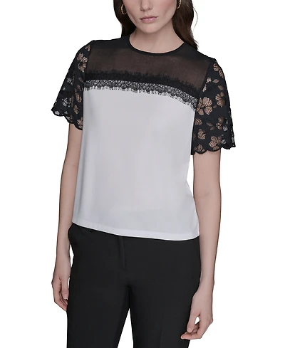 Karl Lagerfeld Paris Women's Lace-Trim Mixed-Media Top