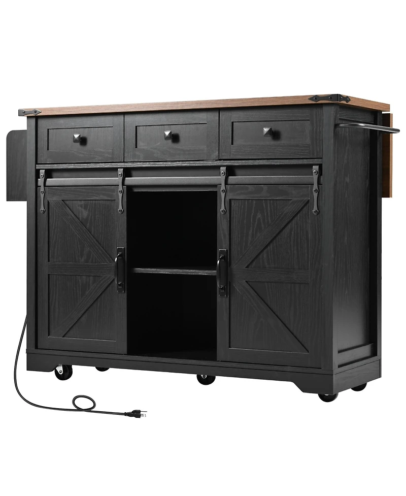 Casainc 53.7" Rolling Kitchen Cart with Barn Doors, Drop Leaf, Power Outlet and Spice Rack (No Stools)
