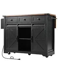 Casainc 53.7" Rolling Kitchen Cart with Barn Doors, Drop Leaf, Power Outlet and Spice Rack (No Stools)