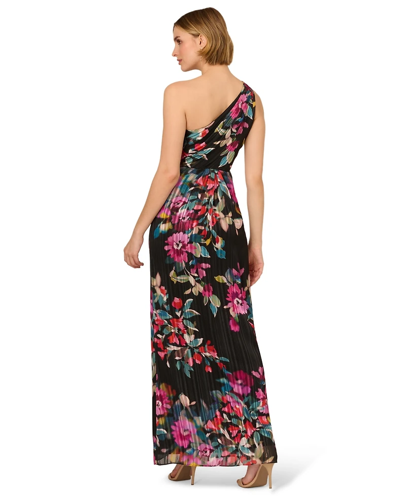 Adrianna Papell Women's Floral Chiffon One-Shoulder Long Dress