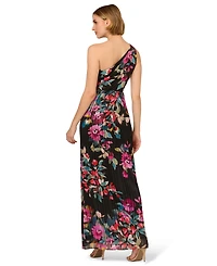 Adrianna Papell Women's Floral Chiffon One-Shoulder Long Dress
