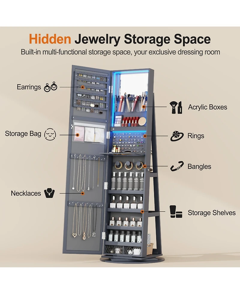 Vlsrka Led jewelry storage cabinet with back shelves and 360° rotation.