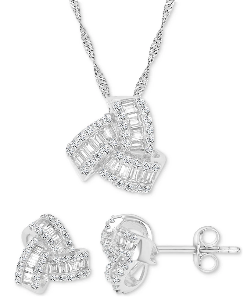 2-Pc. Set Cubic Zirconia Round & Baguette Love Knot Pendant Necklace & Coordinating Stud Earrings in Sterling Silver