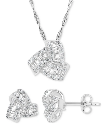 2-Pc. Set Cubic Zirconia Round & Baguette Love Knot Pendant Necklace & Coordinating Stud Earrings in Sterling Silver