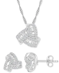 2-Pc. Set Cubic Zirconia Round & Baguette Love Knot Pendant Necklace & Coordinating Stud Earrings in Sterling Silver
