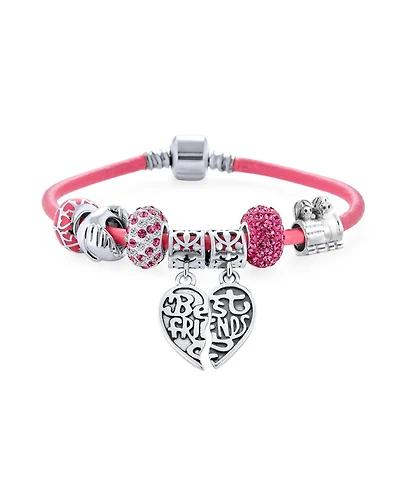Bling Jewelry 2 Piece Best Friend Heart Charm Bracelet Pink Leather & Silver Clasp 6.5-8.5In
