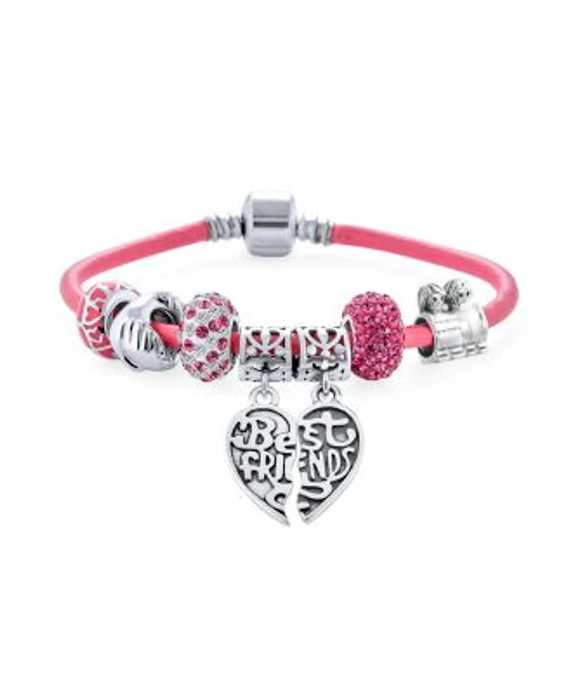 Bling Jewelry 2 Piece Best Friend Heart Charm Bracelet Pink Leather Silver Clasp 6.5 8.5in
