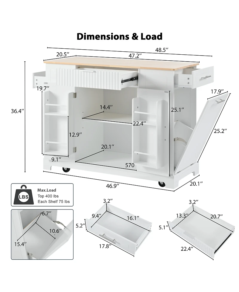 Casainc 55.5" Kitchen Storage Island With Drop Leaf, Barn Door, Power Outlet, Spice Rack (No Stools)