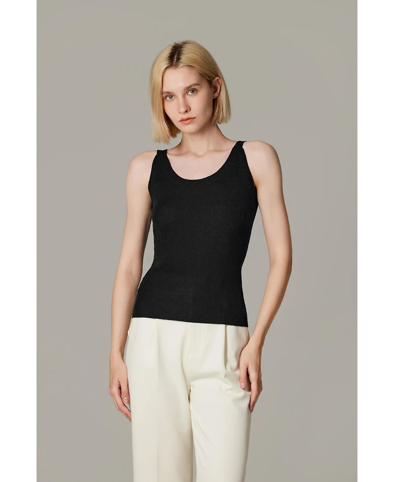Jennie Liu Women's Scoop Neck Tank Top | 75% Merino Wool 25% Silk Ultra-Soft Layering Essential Natrual Moisture Wicking Sweater
