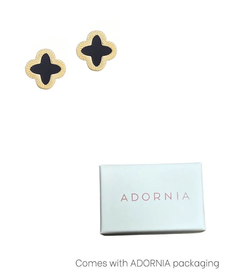 Adornia Gold Fluted Edge Black Clover Stud Earrings