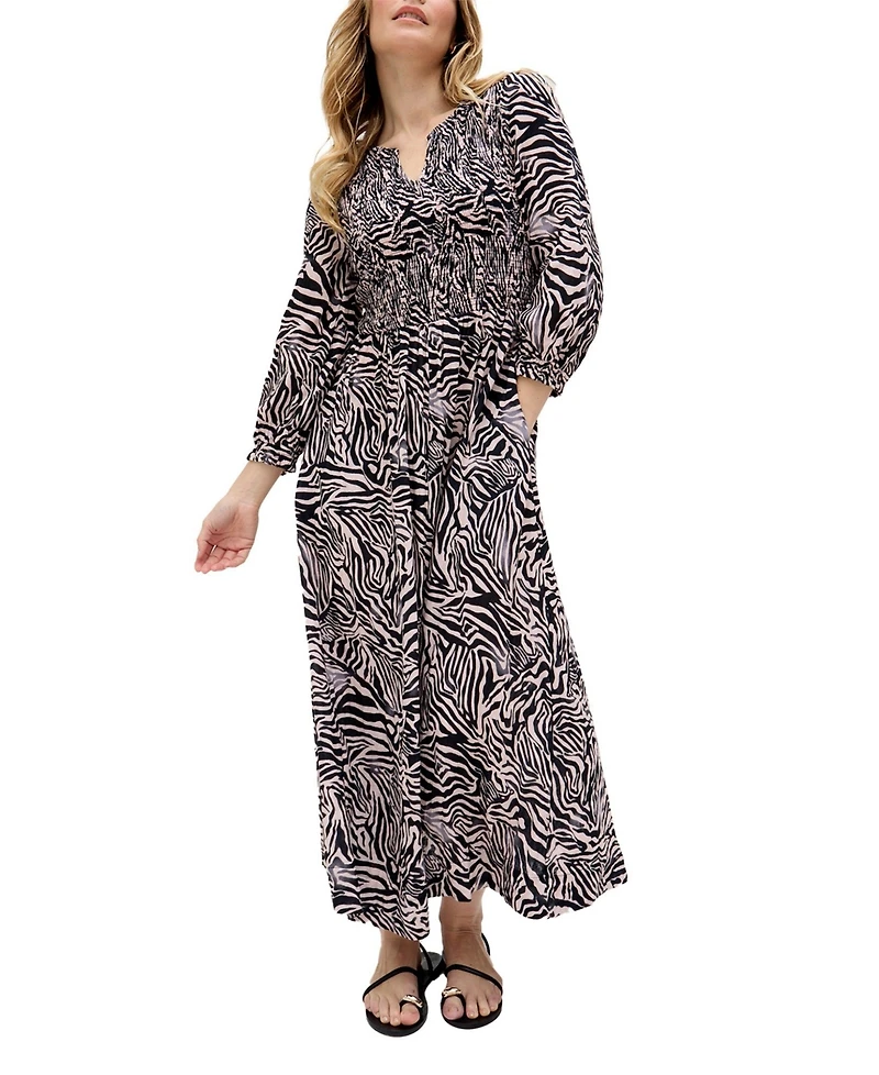 Raffya Women's Paulina Shirred Bodice Zebra Print Maxi Dress