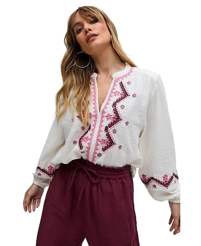 Raffya Women's Dina V-Neck Embroidered Blouse