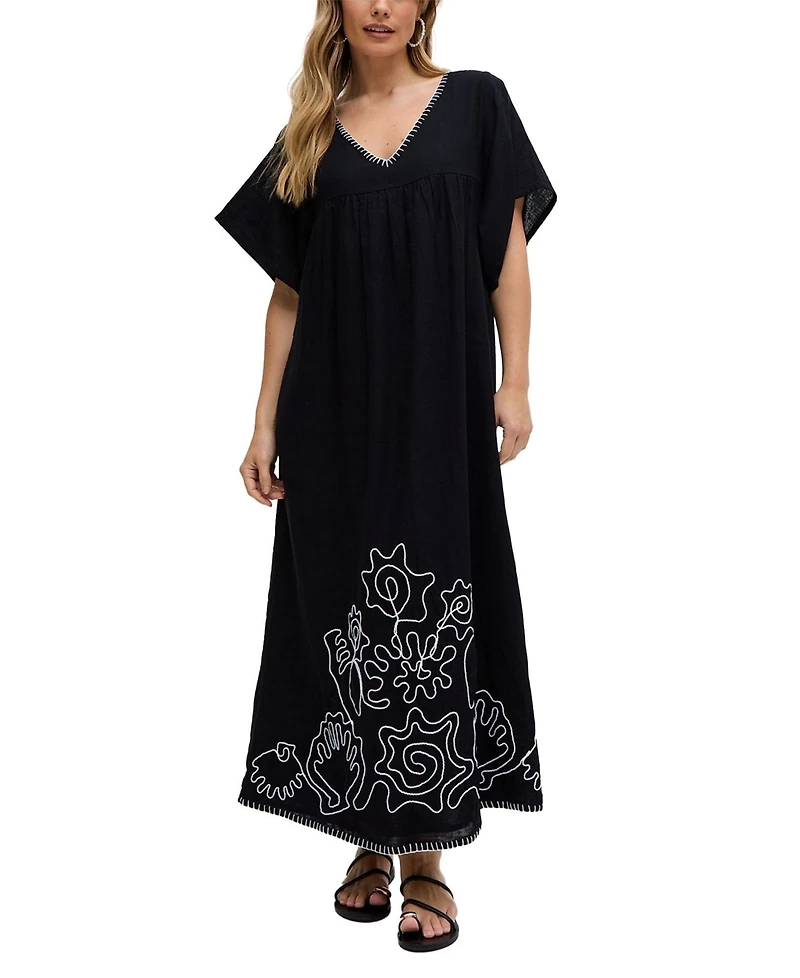 Raffya Women's Candy Tabard Embroidered Hem Midi Dress