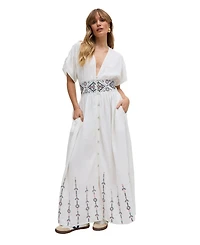 Raffya Women's Sally Ann Button Down Embroidery Maxi Dress