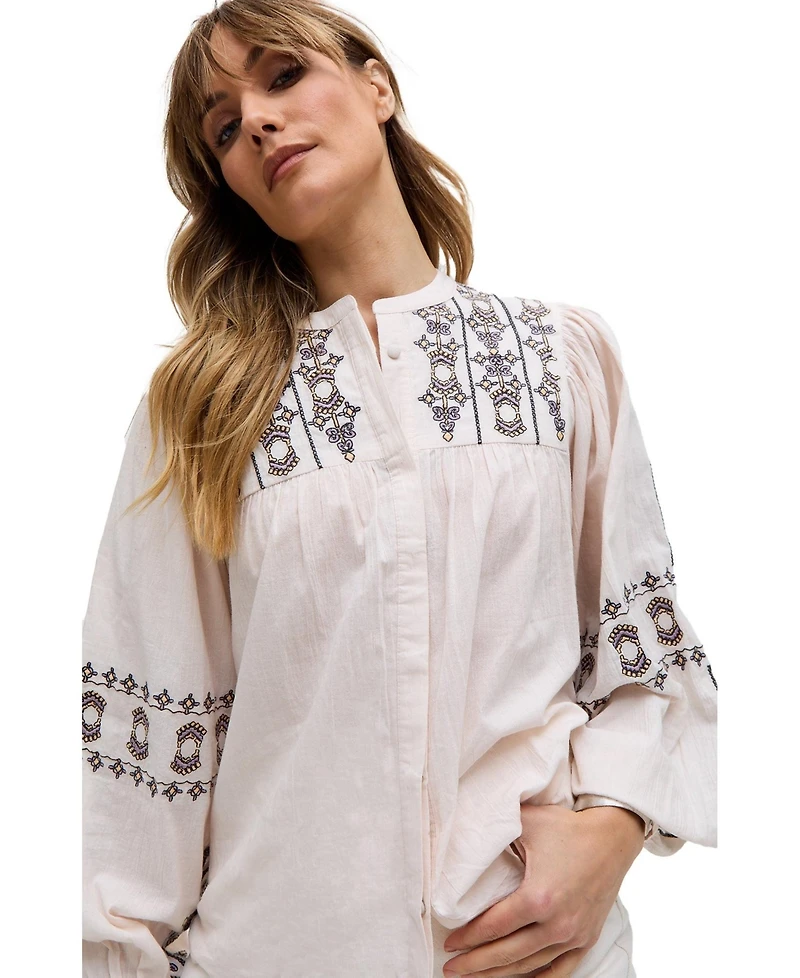 Raffya Women's Demi Embroidered Ballon Sleeve Shirt