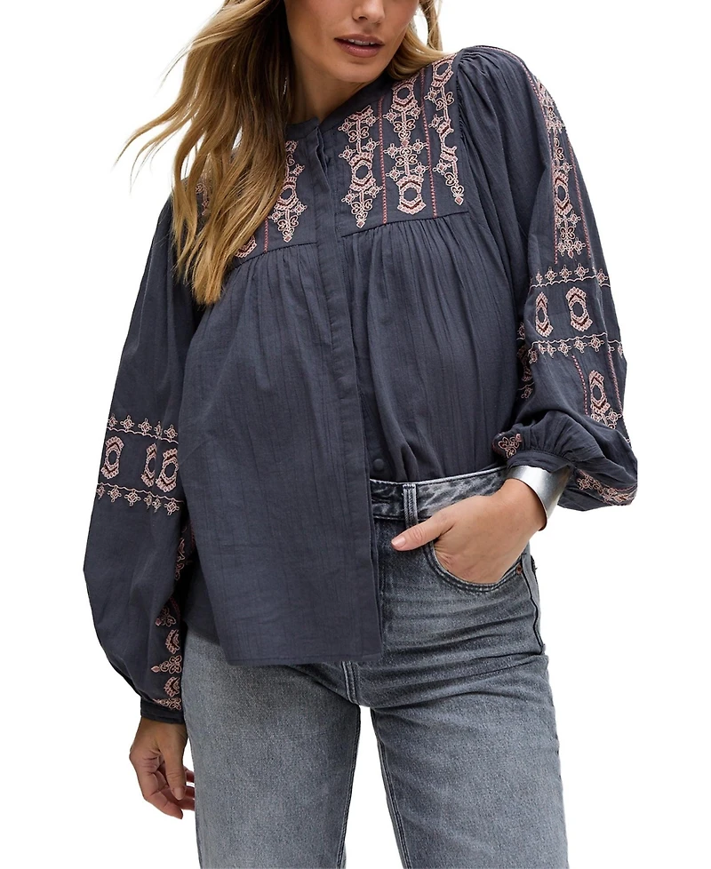 Raffya Women's Demi Embroidered Ballon Sleeve Shirt