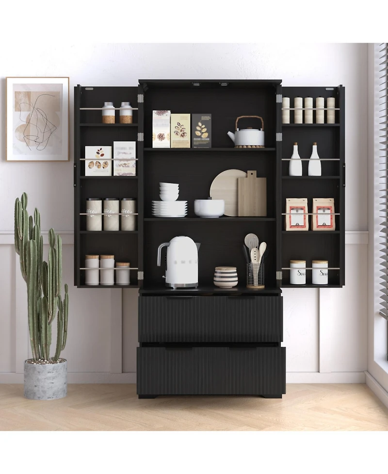 Streamdale Furniture 72" Fluted Pantry Cabinet with Drawers & Spice Rack - Black