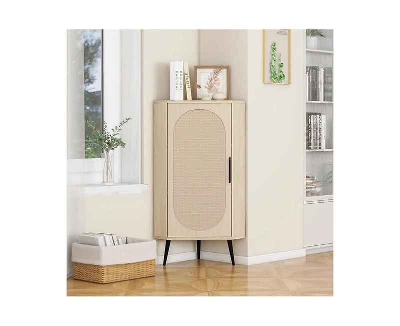 Freestanding Corner Cabinet with Rattan door