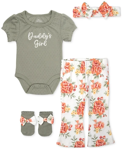 Baby Essentials Girls Daddy's Girl Bodysuit, Headband, Flare Pants & Socks, 4 Piece Set