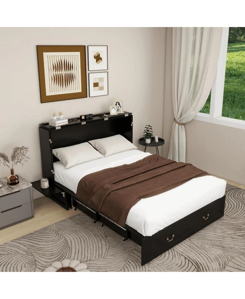 Murphy Bed Cabinet with Drawer Includes Storage Cabinet, Murphy Bed Twin Suit for Home Office or Small Room, Murphy Bed Black Twin