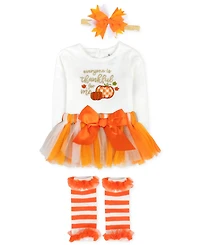 Baby Essentials Girls Everyone Is Thankful For Me Bodysuit, Headband, Mesh Tutu & Legwarmers, 4 Piece Set