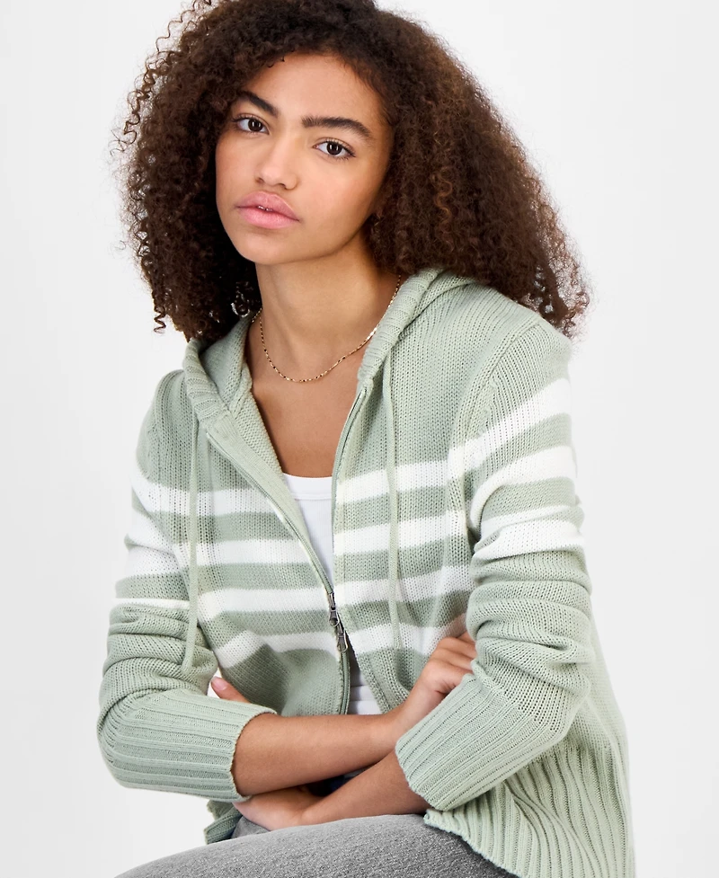 Hooked Up by Iot Juniors' Striped Hooded Zippered Sweater