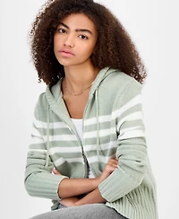 Hooked Up by Iot Juniors' Striped Hooded Zippered Sweater