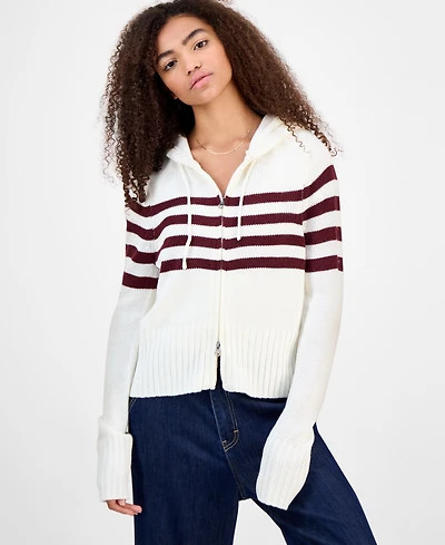 Hooked Up by Iot Juniors' Striped Hooded Zippered Sweater