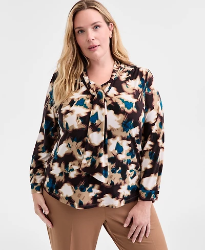 Anne Klein Plus Size Printed Tie-Neck Long-Sleeve Blouse